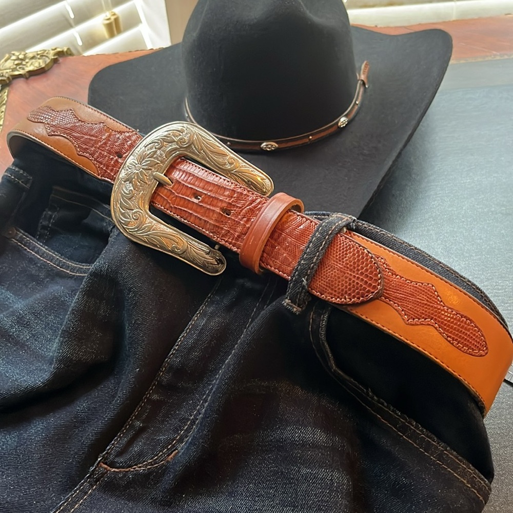 Western Genuine Lizard Brown Belt